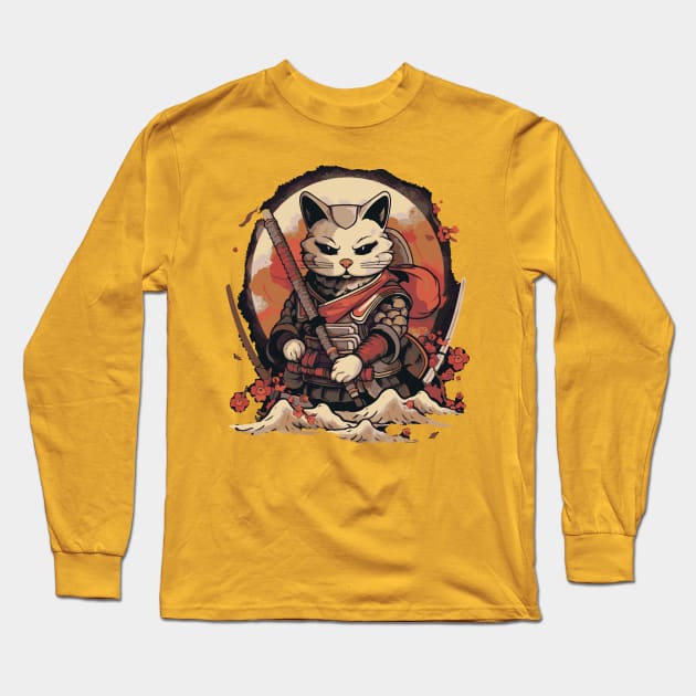 Japanese Samurai Cat Long Sleeve T-Shirt by tatadonets